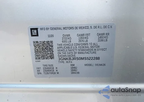 2021 Chevrolet Blazer Awd 3Lt из США, поврежденный, VIN 3GNKBJRS0MS522288